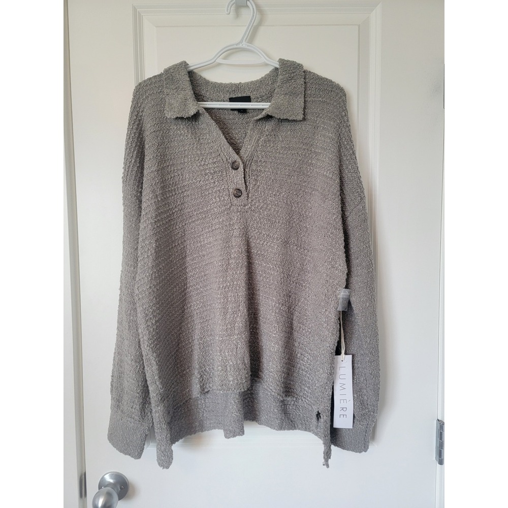 Lumiere Womens Popcorn Knit Polo Sweater Gray Long Sleeve Button Collar Large